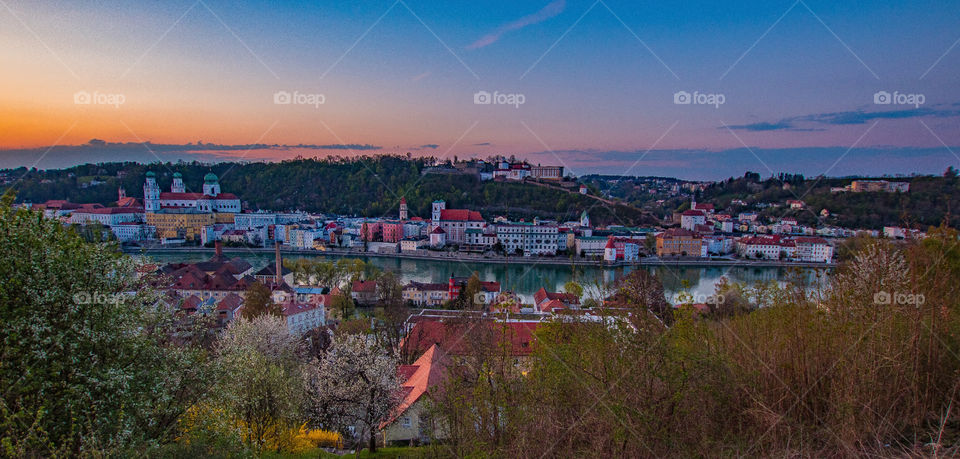 highangle view of passau in the evening