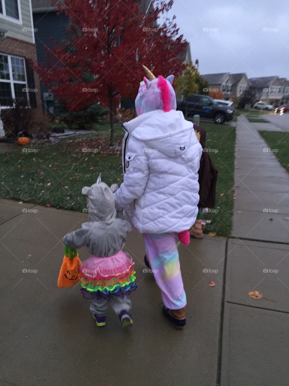 Rhino and unicorn buddies out trick or treating on a frigid Halloween night in the Midwest 