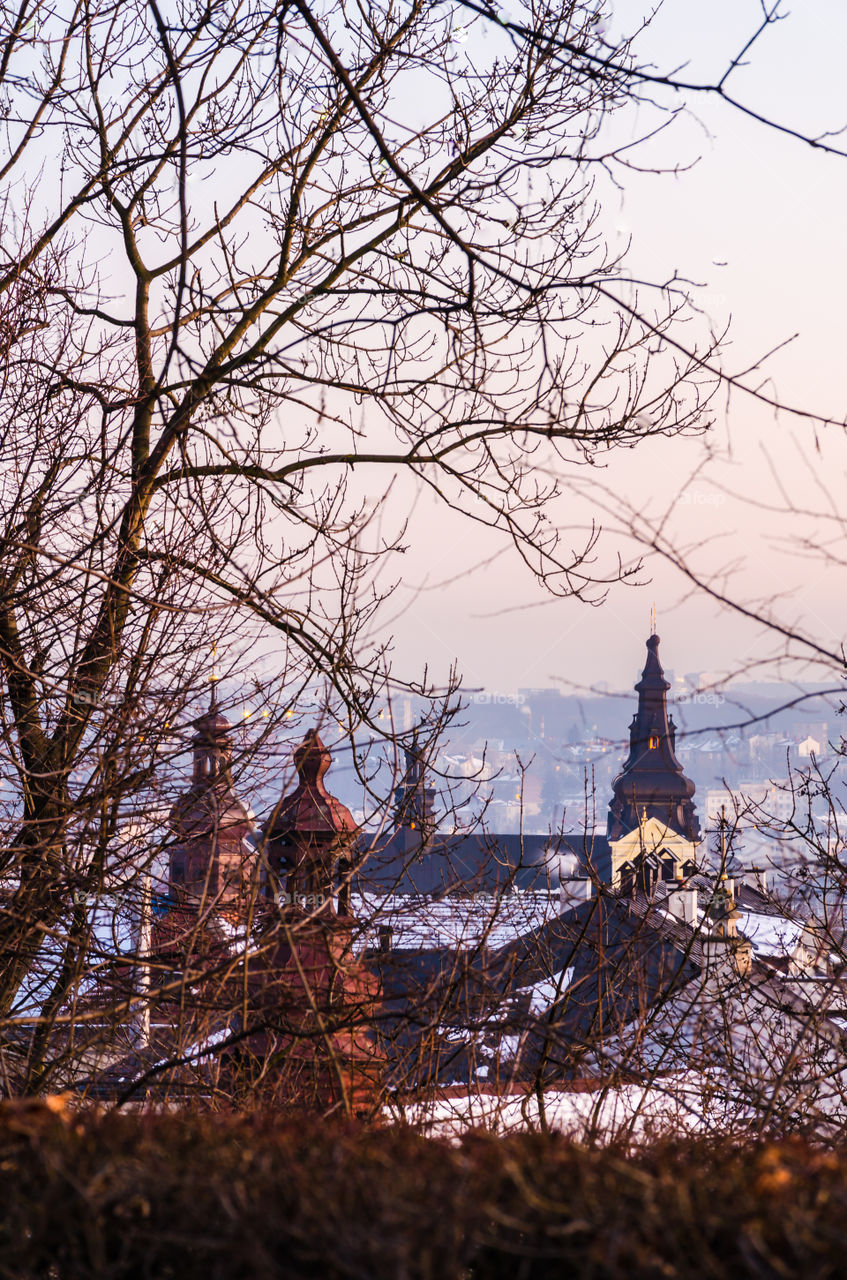 Lviv cityscape during the sunset