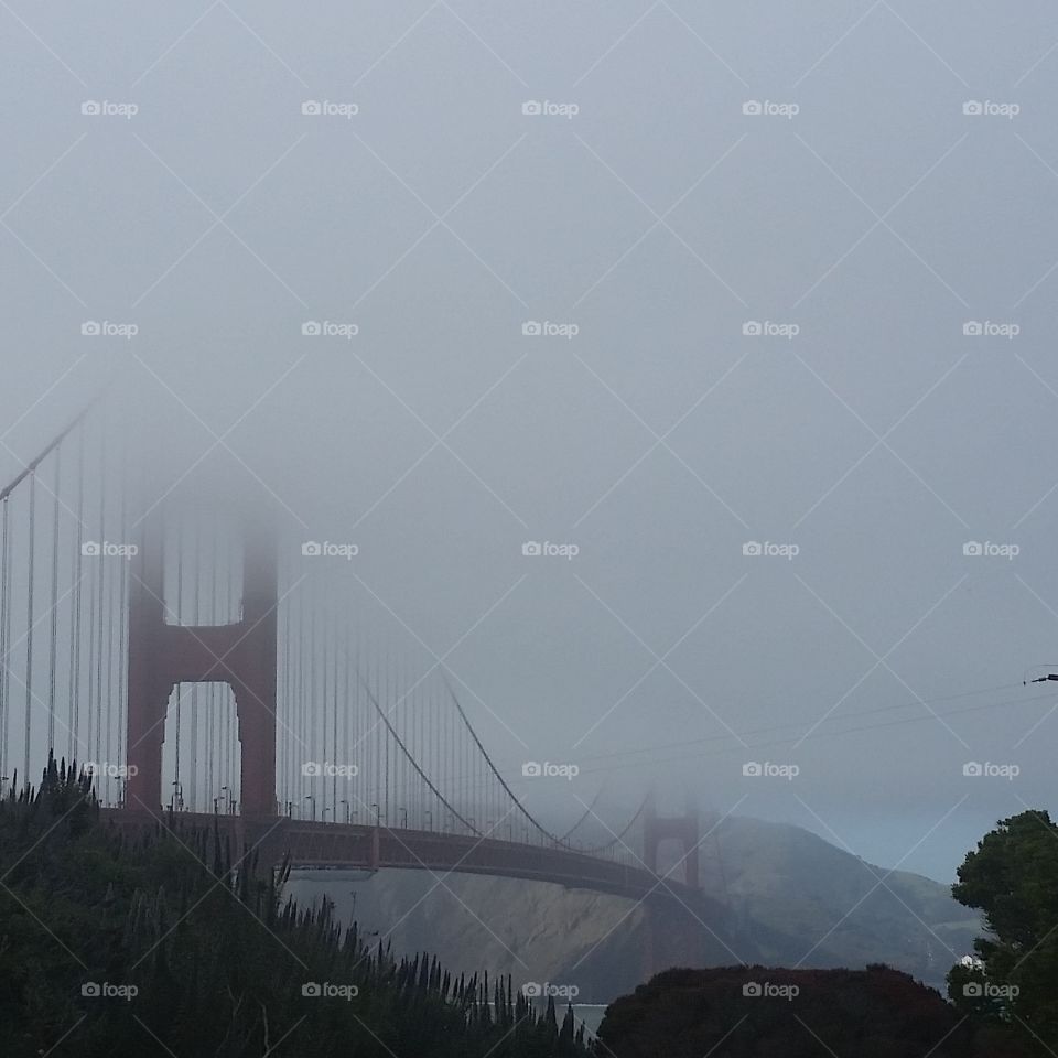 Fog . this is a fog covered Golden Gate Bridge
