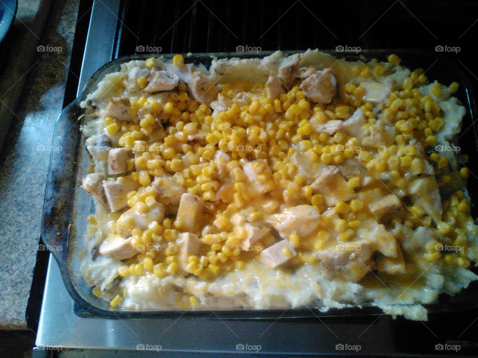 oven dinner. mashed potatoes,bone less skinless chicken,corn. great tasting meal.