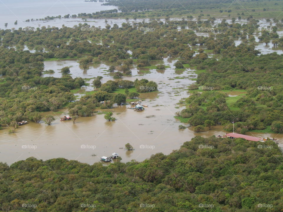 Helicopter view on floating houses, Cambodia