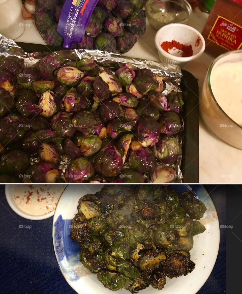 Fantastic Smoked Paprika roasted purple Brussel  sprouts With garlic lemon aioli mayo DELICIOUS!