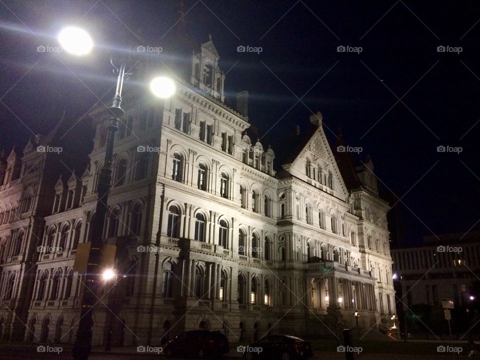 Downtown Albany architecture at night 