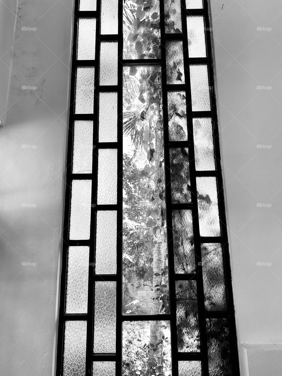 A stained glass window in a church