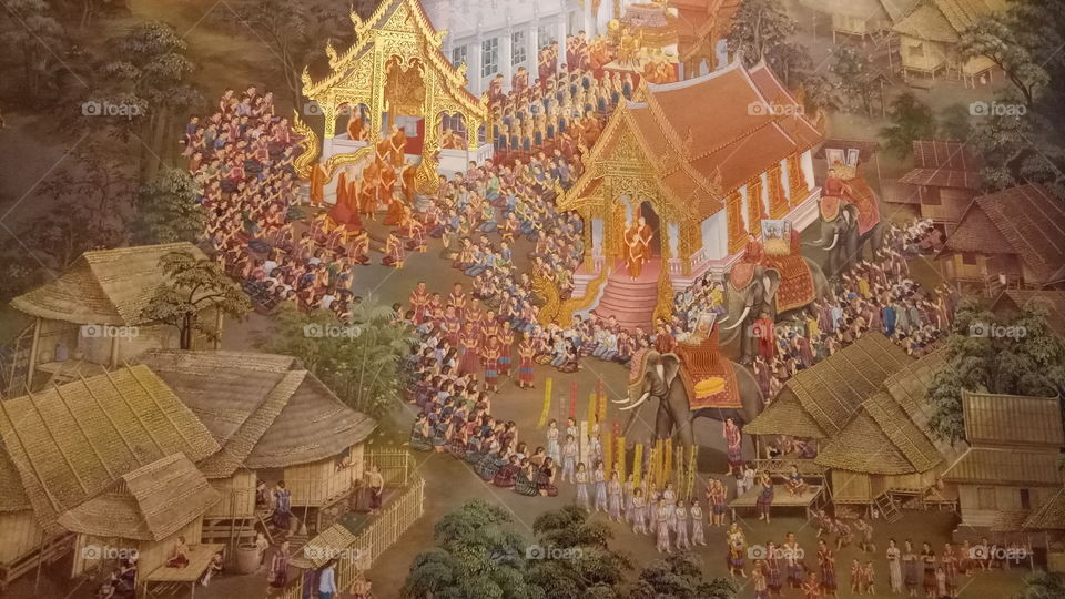 Buddism culture / phra that hariphunchai temple / wall painting in temple / Thailand / Lampoon // 22 /10/2017