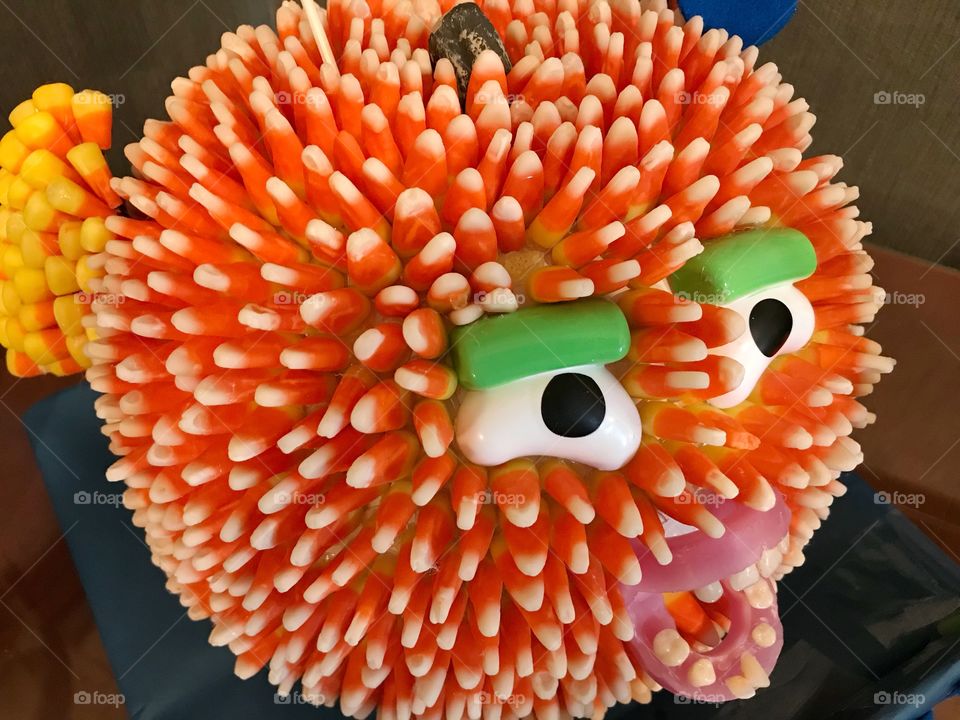 Puffer fish made of pumpkin and candy corn