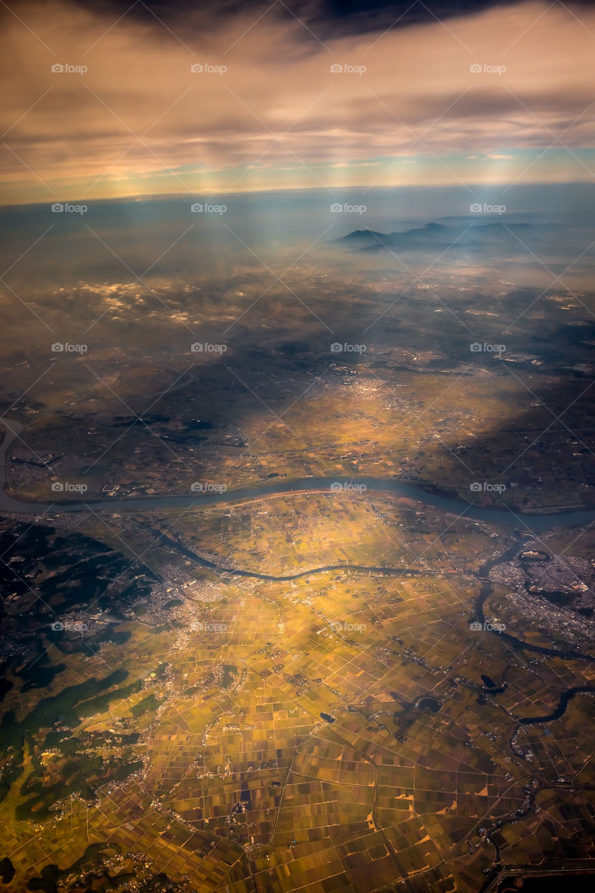 Aerial view of Tokyo, Japan, soon after taking off from Narita International Airport