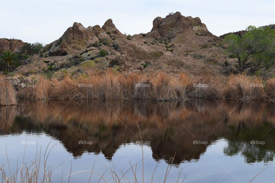 Reflections in an Arizona pond of the desert scape and rocky terrain
