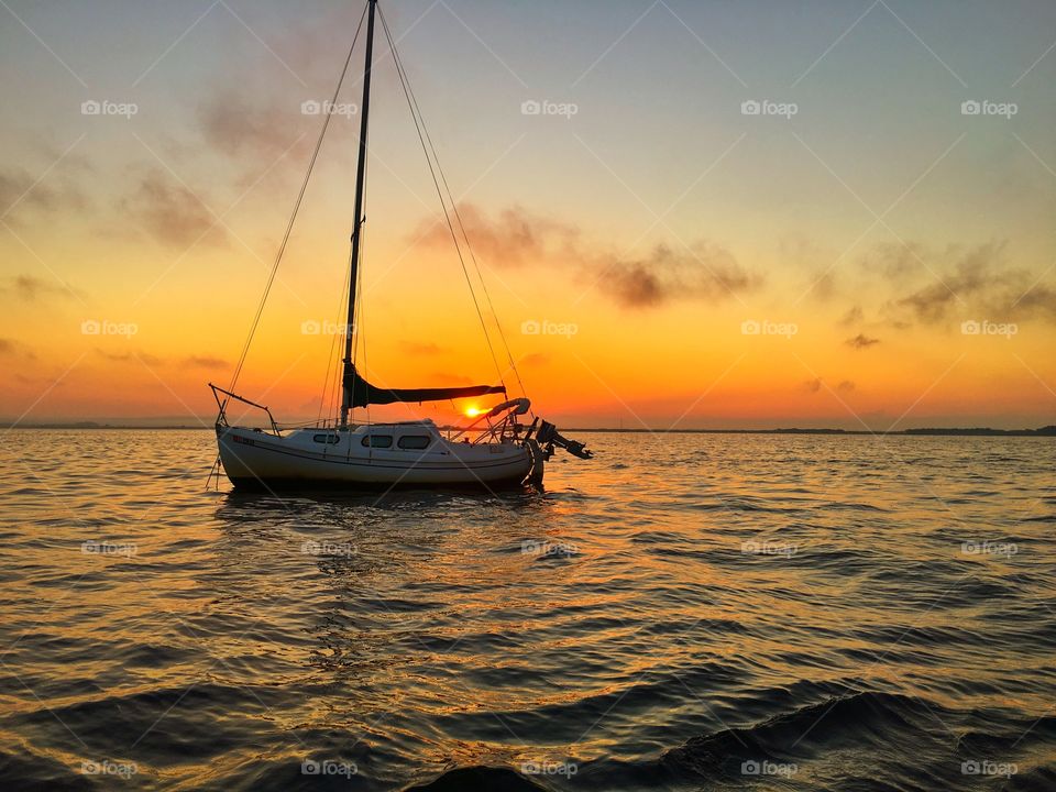 Sunset, Water, Sea, Ocean, Sailboat