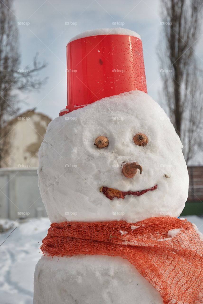 Snowman face in the garden