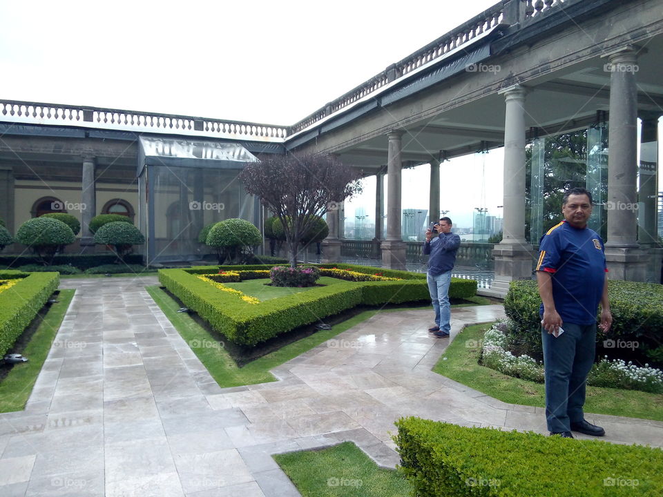 interior de los jardines del castillo de Chapultepec, con sus plantas, estructura del edificio y personas en el lugar