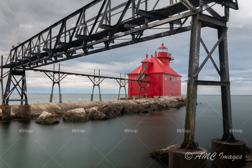 Red light house on Lake Michigan in Wisconsin