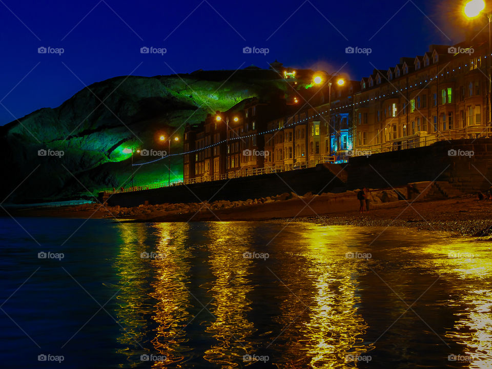 Aberystwyth at night. Seafront promenade with hotels. Wales. UK. 
Europe.