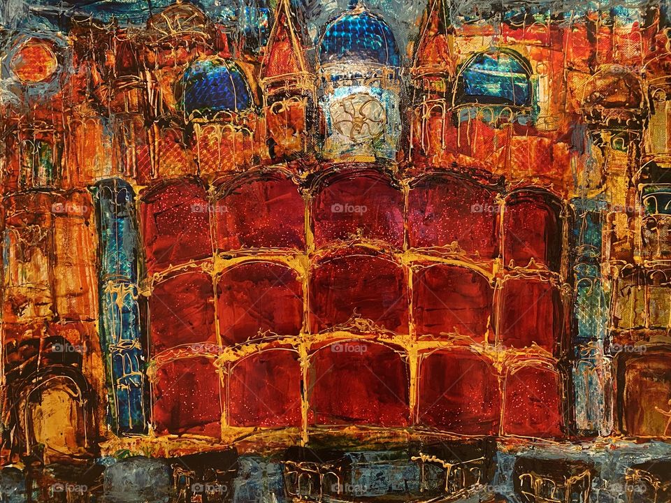 This is a painting of Dubrovnik Croatia with italic colours reflection of the history of the old town of Dubrovnik. It is more vibrant in the image itself. It holds history in the canvas.