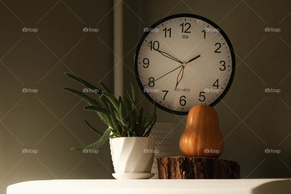 Succulent by the clock and pumpkin