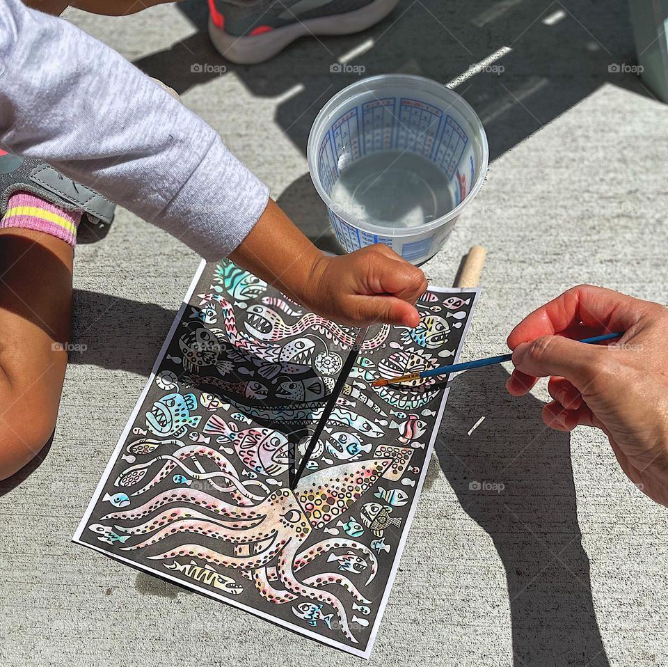 Toddler painting with Mommy, painting ocean scene with mommy, painting the ocean with child, brushes and water and paint, creating art with toddlers, playing with paint, painting the ocean, colorful art with children