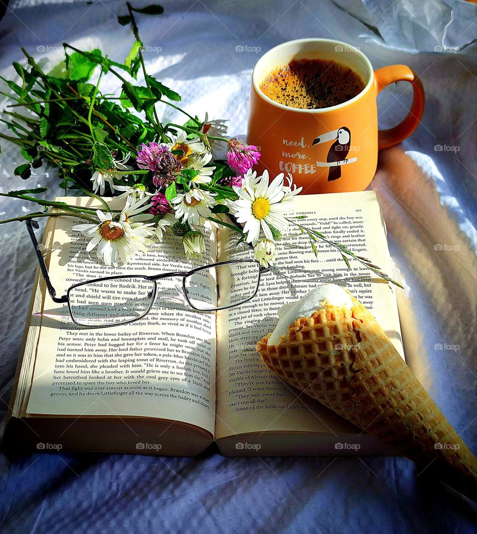An open book lies on a white background. On the book are reading glasses, a waffle cone with ice cream and bouquet chamomile. There is a cup of coffee next to the book