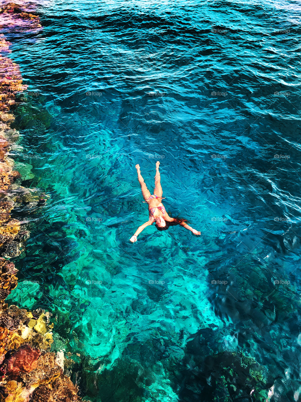 Overheard view of a young woman swimming in the blue coral sea 