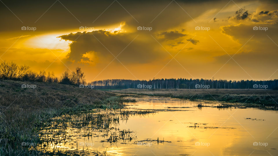 evening landscape. dramatic twilight over the swampy river