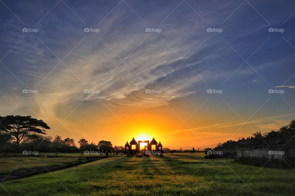 Sunset in archaelogical site of ratu boko palace, near Jogjakarta, Indonesia