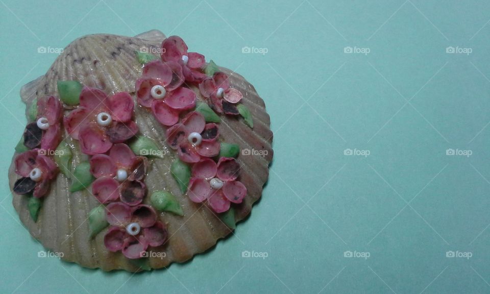 clam seashell flowers on scalloped clam shell left side