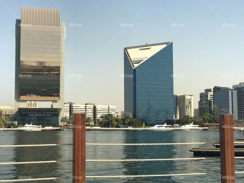 View of unique skyscrapers by the Dubai creek 