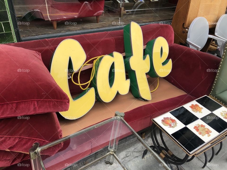 Cafe sign. Antique shop bargain on Portobello 