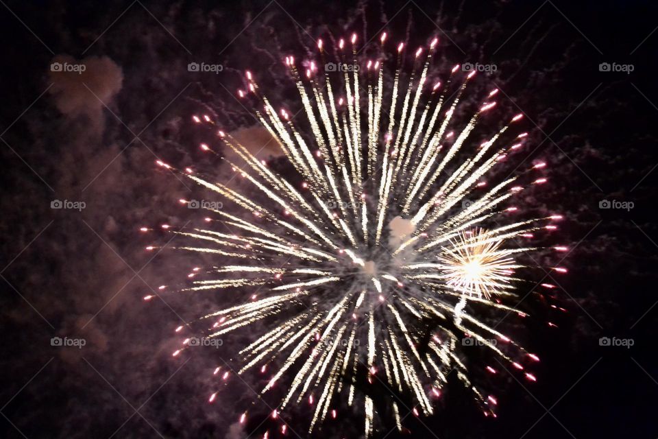 A large burst of fireworks with light gold streaks and red tips against a black night sky