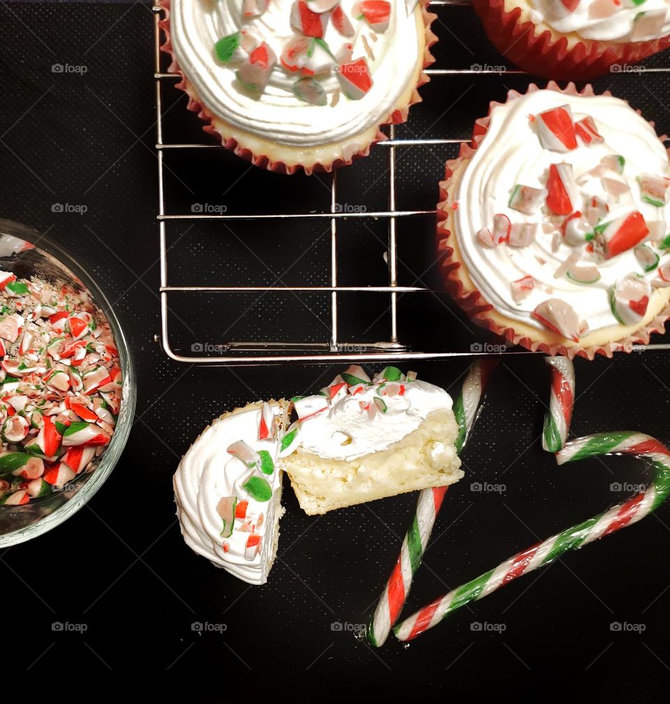 Baking: Candy cane cheesecakes.