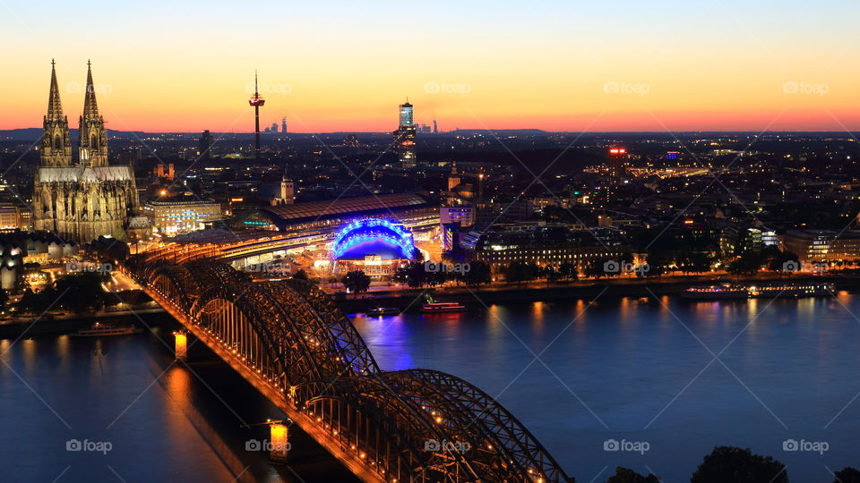 View to the Cityscape of Cologne North Rhine Westfalica with the Rhine River,the Dome and the bridge Germany Europe