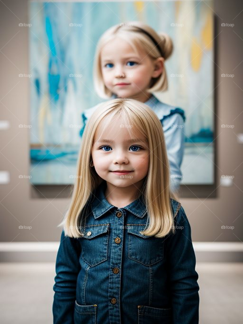 A beautiful blonde girl in front of an artistic painting