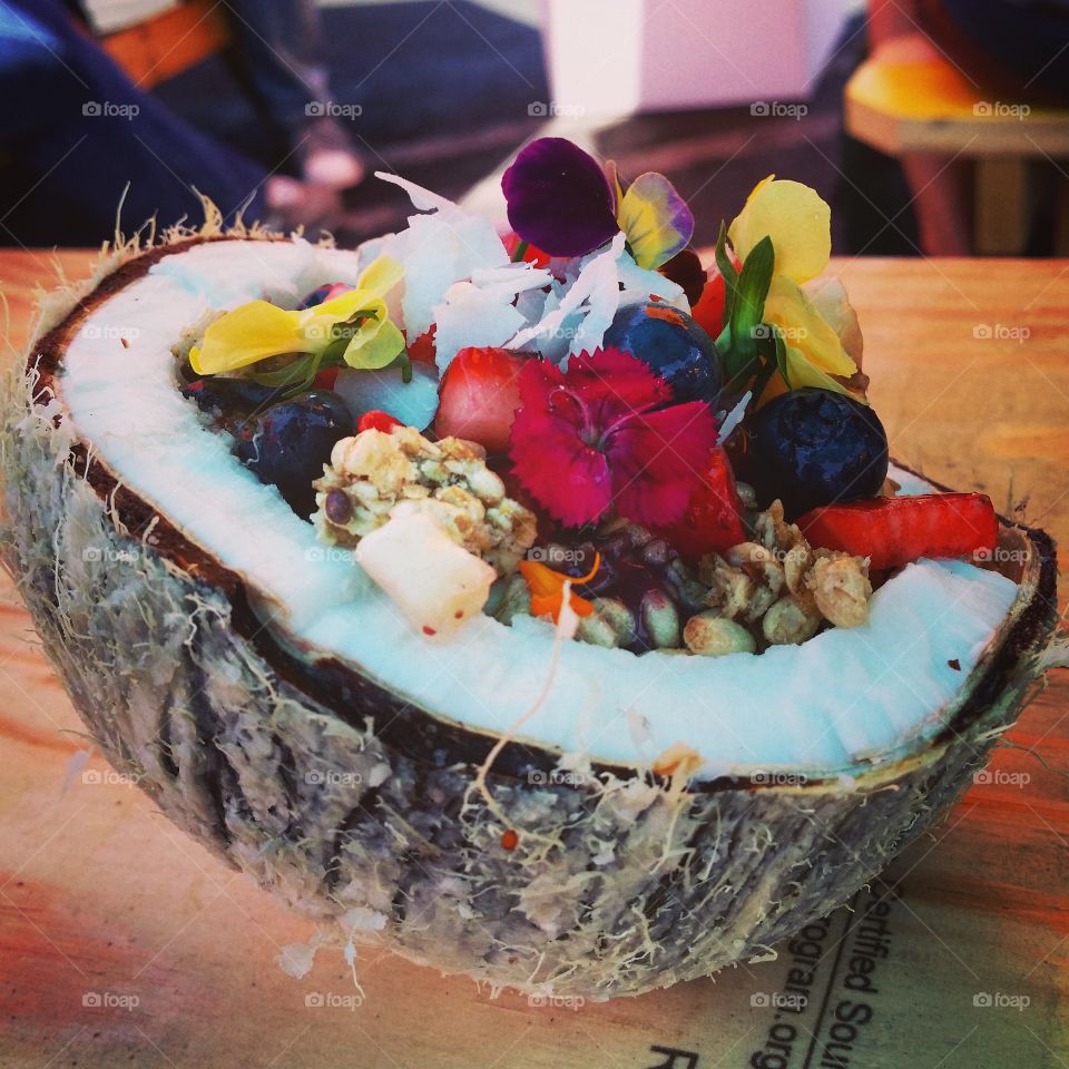 Close-up of coconut acaii berry bowl