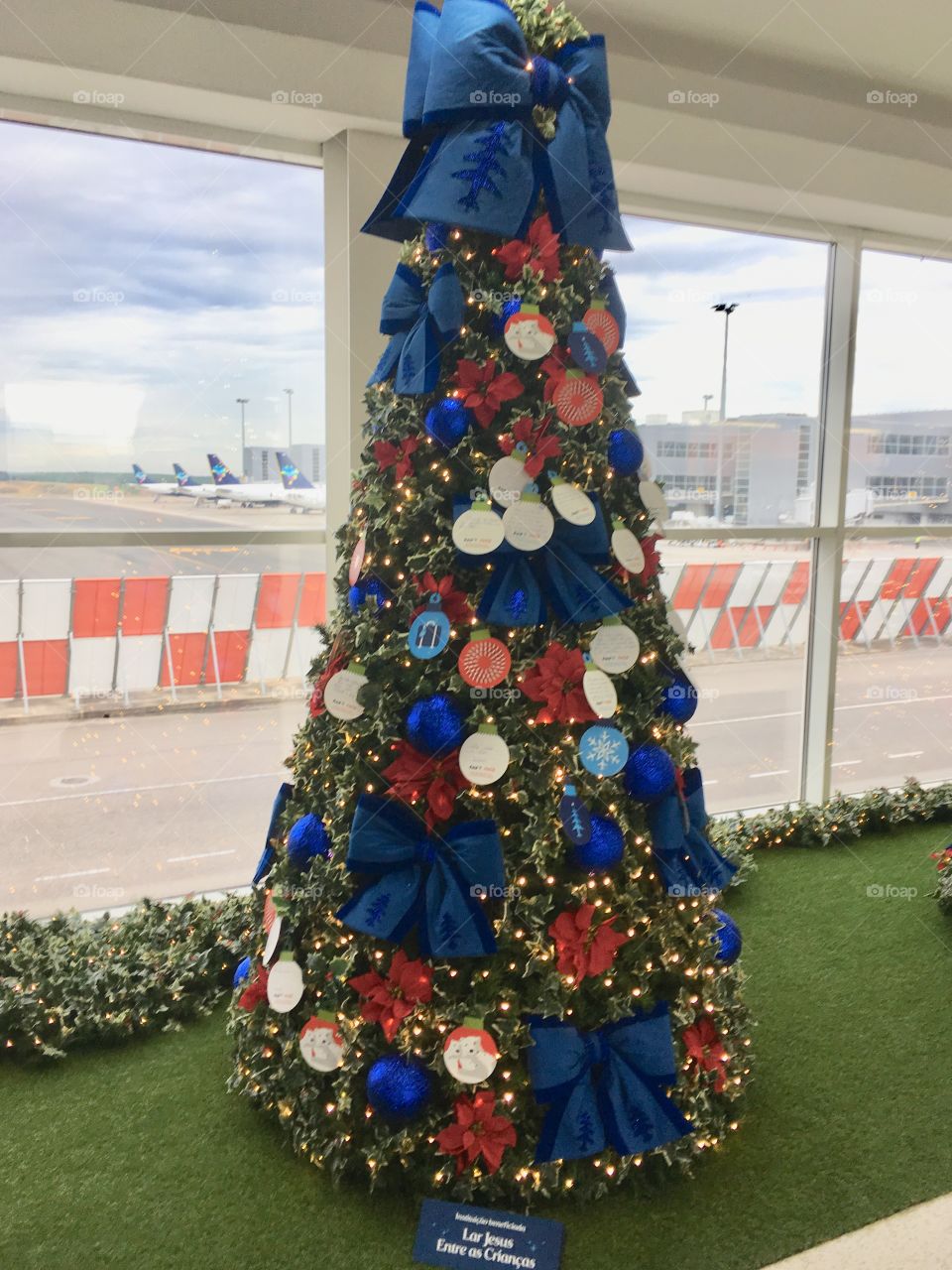 Uma bonita árvore de Natal azul e vermelha (com as cores da Azul aviação e Coca-cola, que a montaram no Aeroporto de Viracopos).