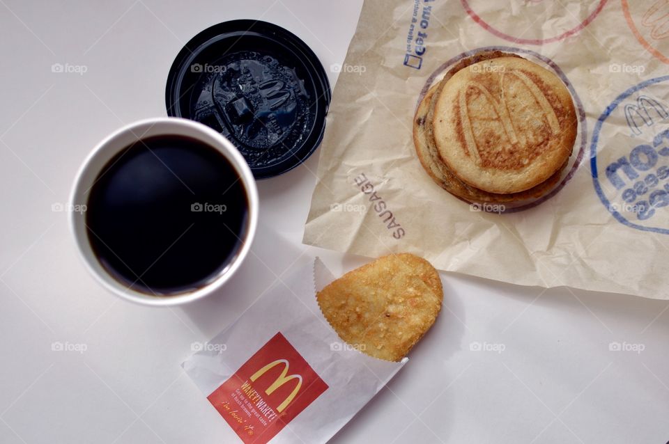 McDonald’s Mc Café sausage McGriddle hash brown  flat lay