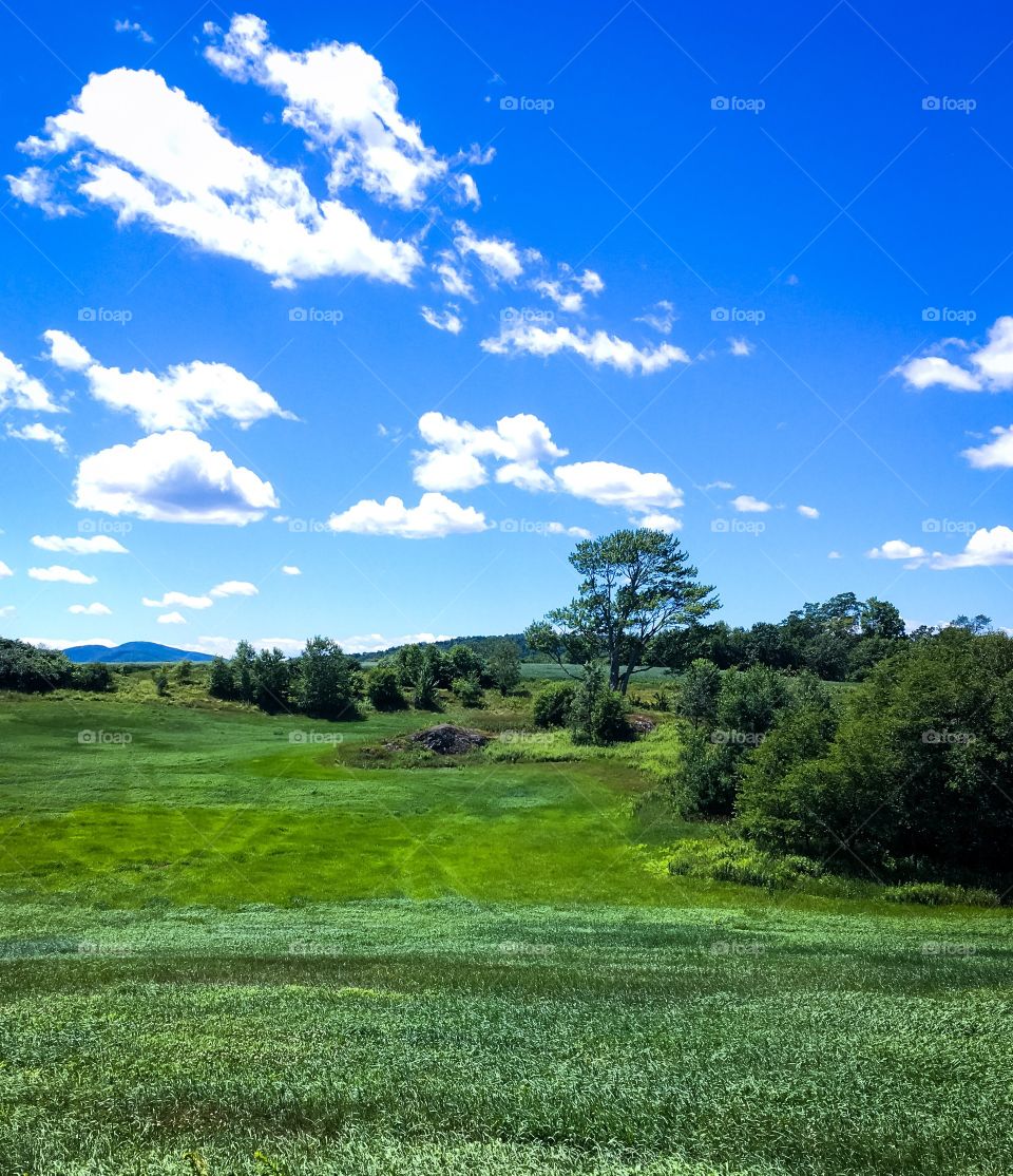 Summer in Vermont - blue sky and green fields.  So simple but so beautiful.  Puffy white clouds complete the scene 