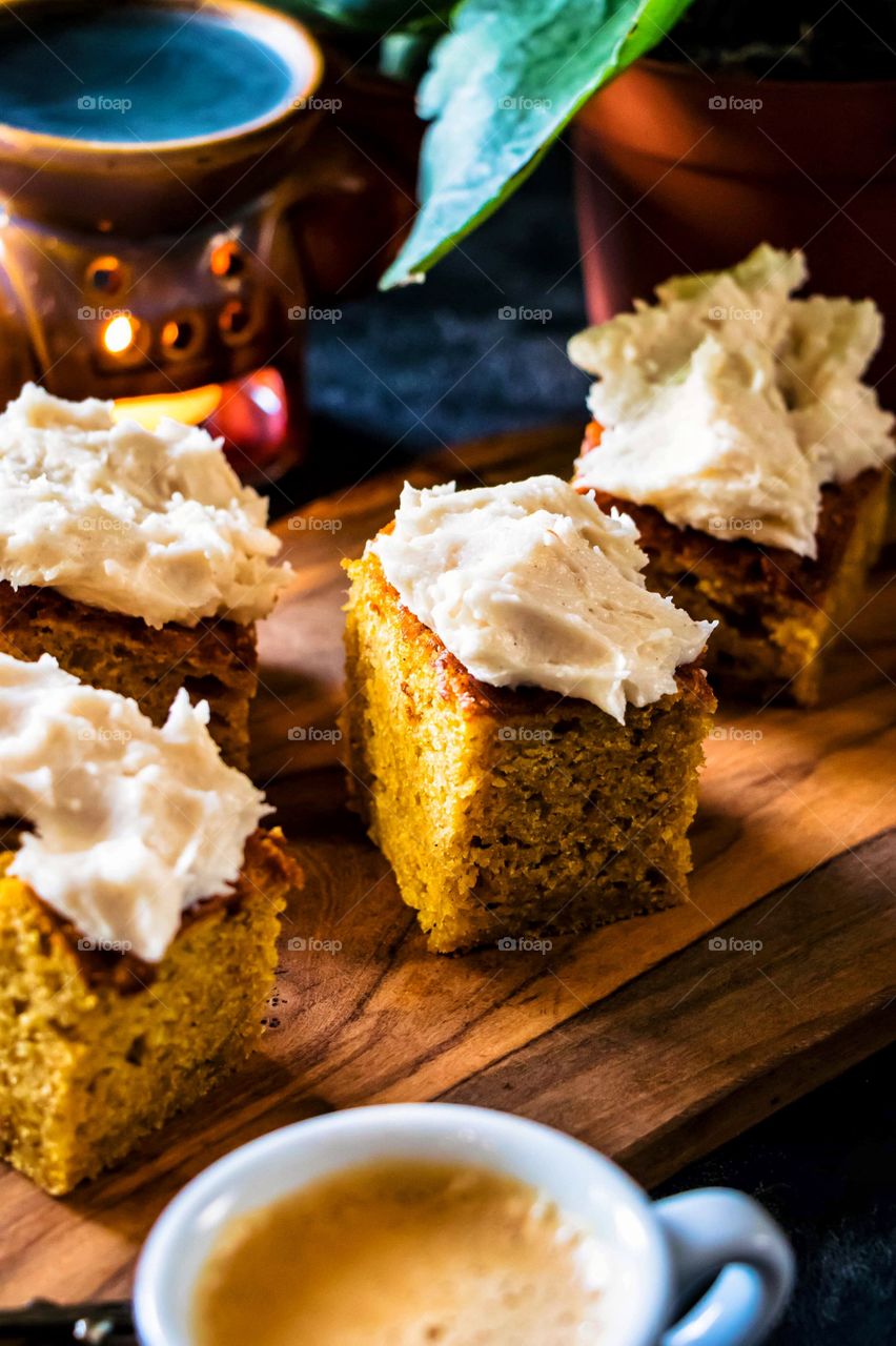 Pumpkin spice cake with a delicious sweet cream cheese icing. 