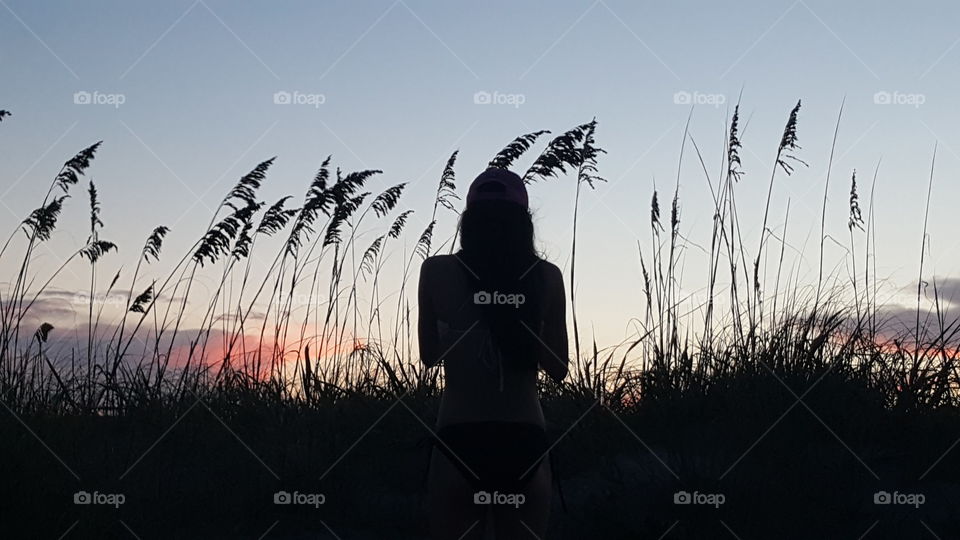 Silhouette of woman and reed during sunset