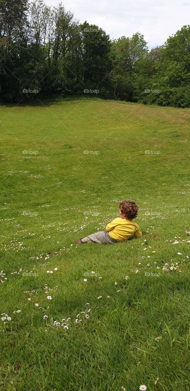 Toddler on the grass in summer