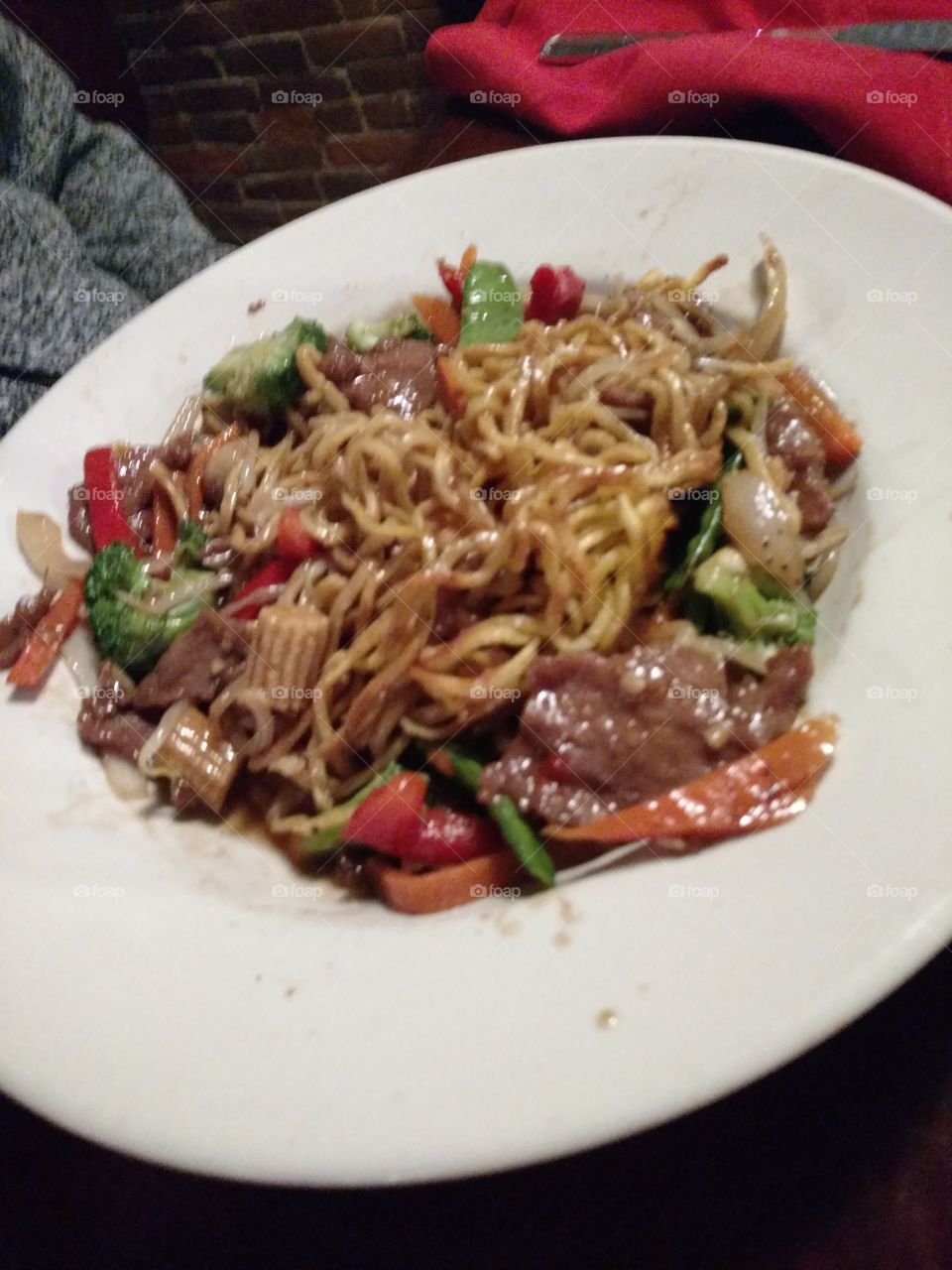 Asian beef with fried rice noodles