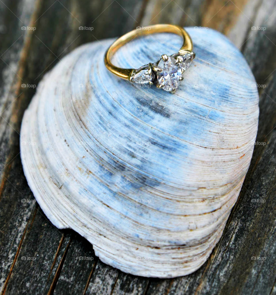 engagement ring. close up of diamond engagement ring on seashell