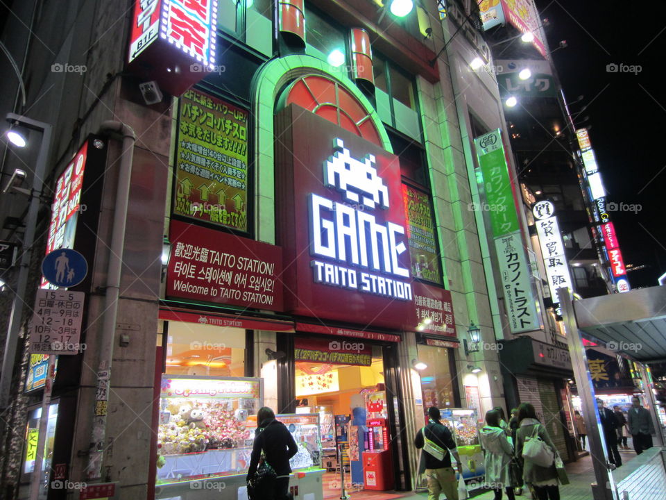 Taito Game Station.  Yoyogi, Tokyo, Japan. City Night View, Lights and Billboards