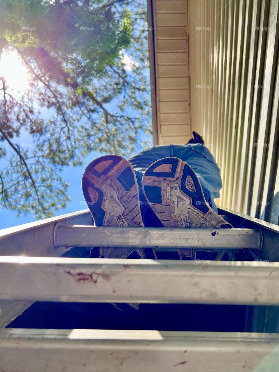 Looking up at person standing on a ladder. The soles of the feet are the main focus.