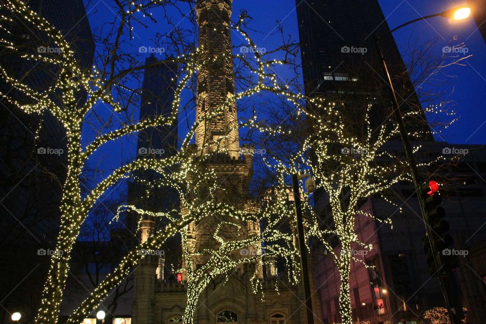 water tower at Christmas