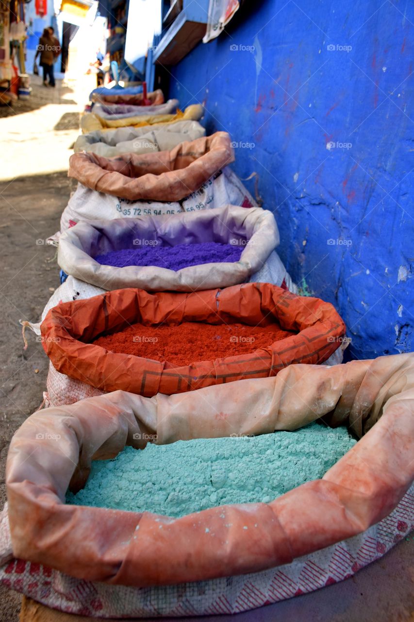 Pigment sacks at Chefchaouen Street