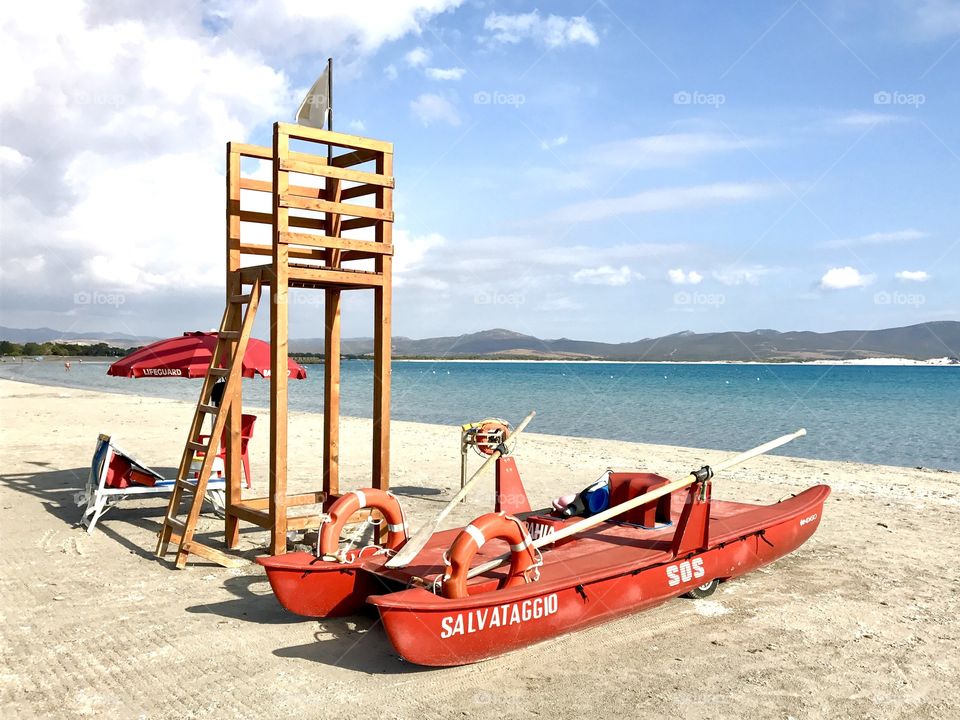 A lifeguard boat at Porto Pino Beach