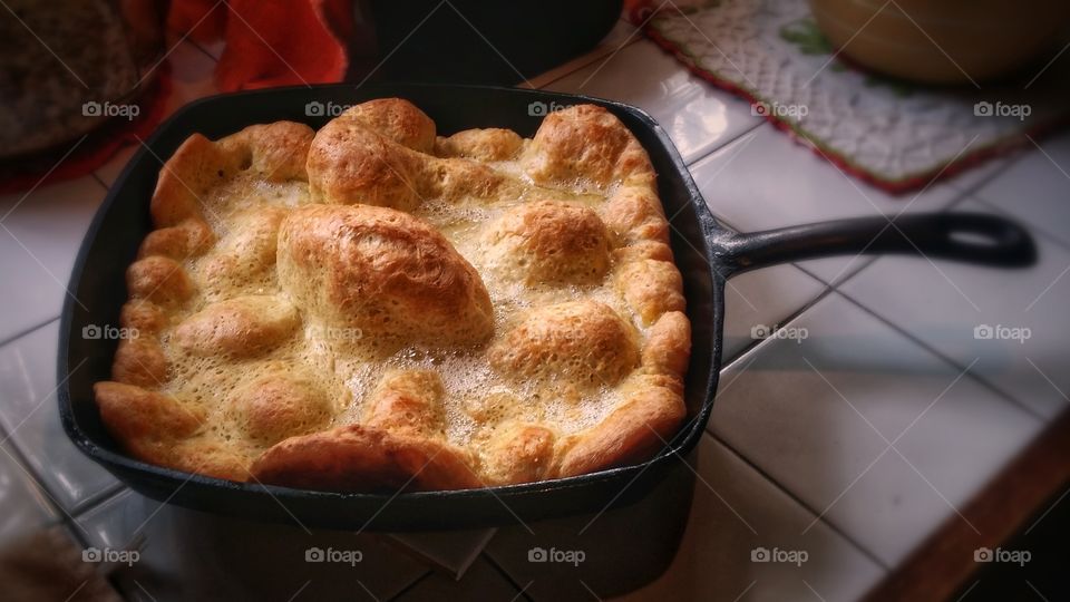 Dutch Baby Pancake in an Iron Skillet Hot Out of the Oven