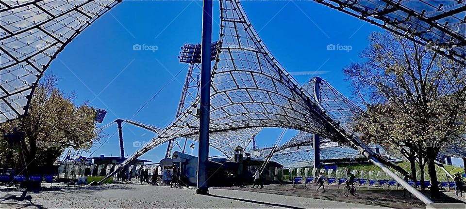 A fantastic view of the futuristic utopian looking structures that made up the „Munich“ „Olympic stadium“ constructed especially for the „Olympics“ that took place there in 1972. 2022. Hypnotic Productions