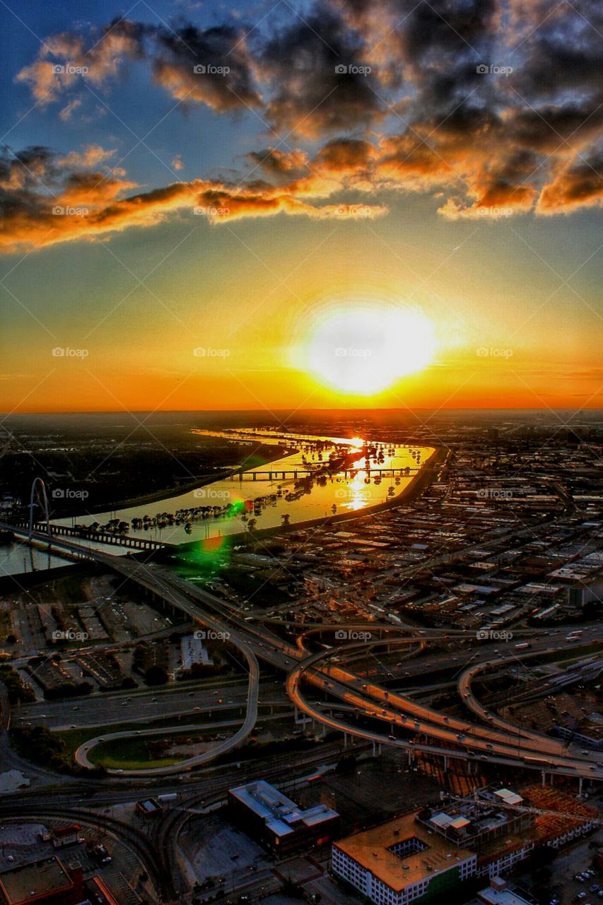 Sunset on flooded Trinity river in Dallas