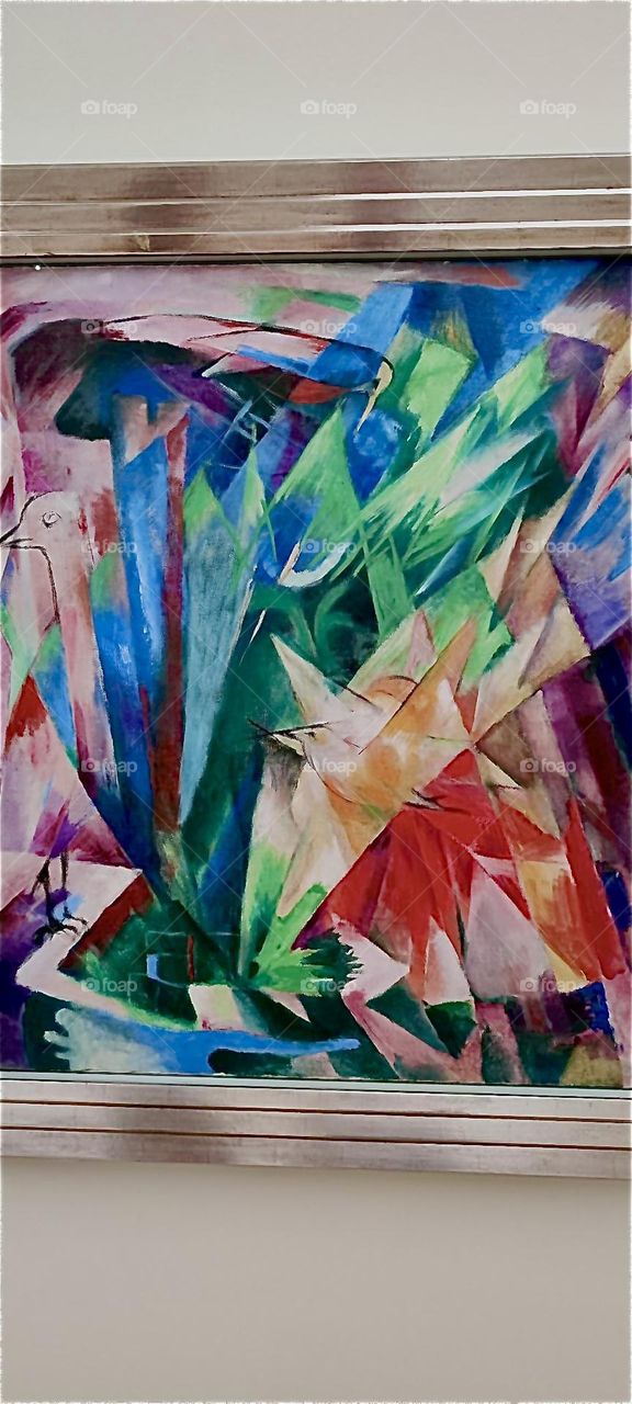 This abstract painting is part of the „Der blaue Reiter“, „The blue Rider“ series of artworks from the turn of the Twentieth Century on exhibit at the „Lenbachhaus“ in the „Luisenstraße“ in „Munich“, „Bavaria“, Germany. 2023. Hypnotic Productions